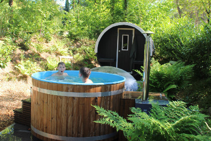 010 Bosrijke 4 persoons chalet met hottub en sauna in grote prive tuin in Diever