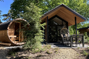 Tiny Lodge Eco 4 personen met sauna op een vakantiepark op de Veluwe